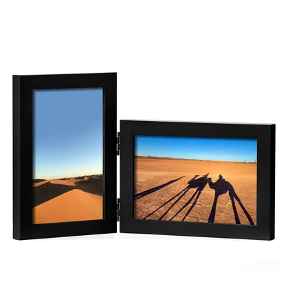 Double 4x6 Hinged Picture Frame Vertical Horizontal Folding Photo Frame Pine Wood with Real Glass, Matted to 3x5, Table Desktop Free-Standing or Wall Art Display, Brown