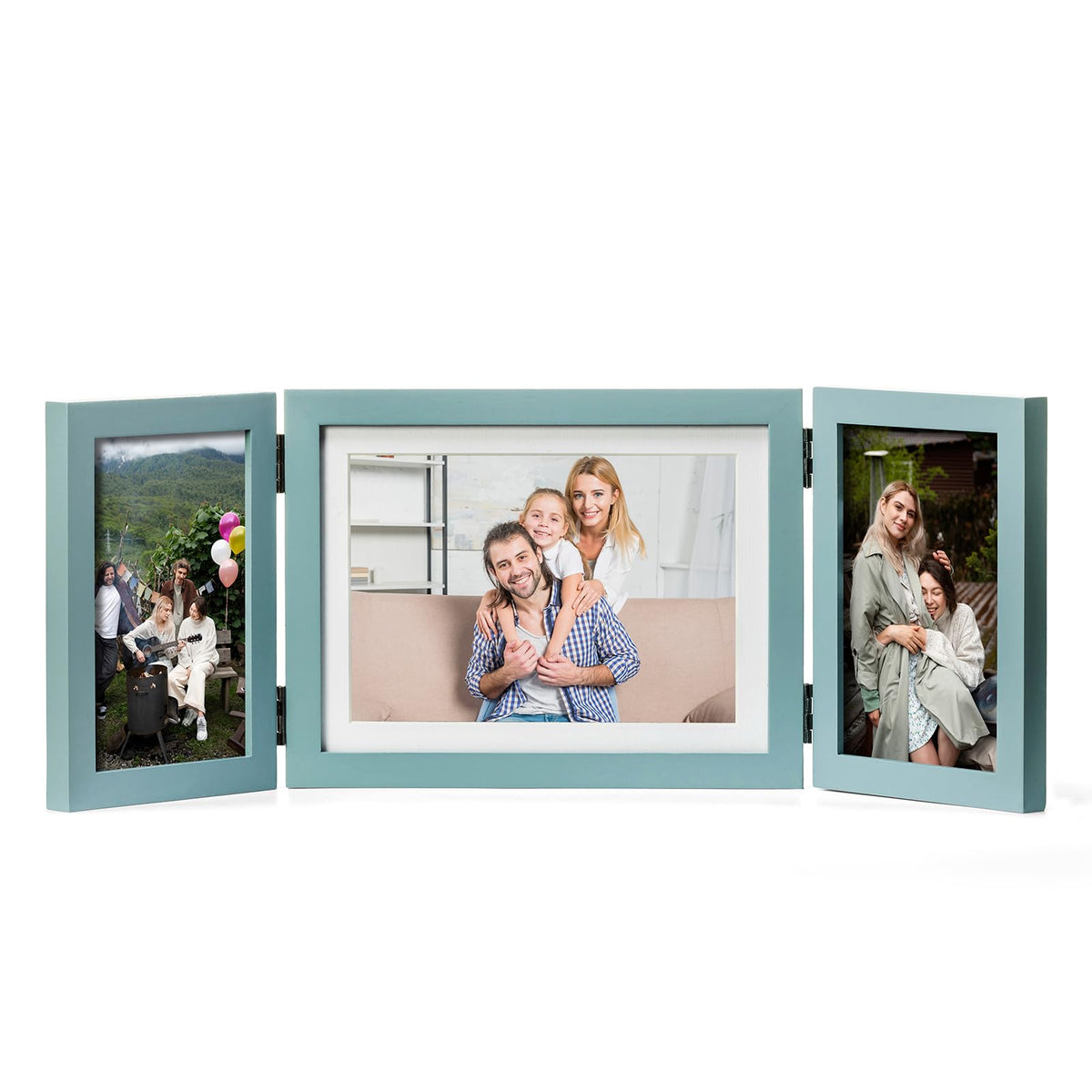 Double 4x6 Hinged Picture Frame Vertical Horizontal Folding Photo Frame Pine Wood with Real Glass, Matted to 3x5, Table Desktop Free-Standing or Wall Art Display, Brown