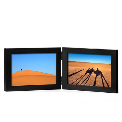 Double 4x6 Hinged Picture Frame Vertical Horizontal Folding Photo Frame Pine Wood with Real Glass, Matted to 3x5, Table Desktop Free-Standing or Wall Art Display, Brown