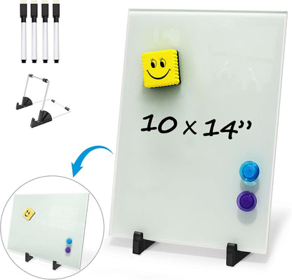 Magnetic Small Glass Whiteboard Desktop, ZHIDIAN 14x10 Portable Tempered Glass Dry Erase Board Panel with Adjustable Stand for Desk, Tabletop Glass Writing Board Easel for Office Home