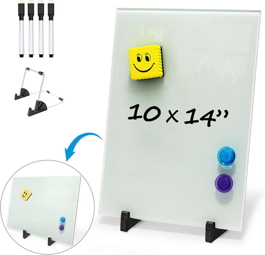 Magnetic Small Glass Whiteboard Desktop, ZHIDIAN 14x10 Portable Tempered Glass Dry Erase Board Panel with Adjustable Stand for Desk, Tabletop Glass Writing Board Easel for Office Home
