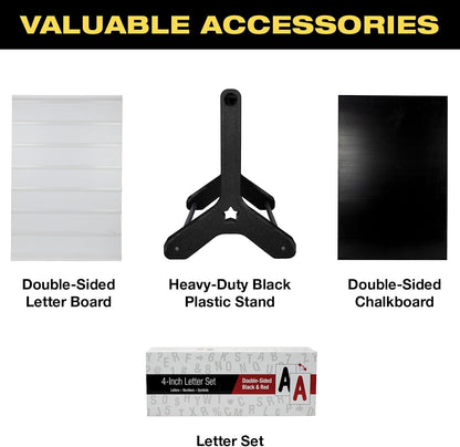 Swinging Changeable Message Sidewalk Sign: 24" x 36" Sign with 792 Pre-Cut Double Sided Letters and Storage Box. Includes Black Board & Letter Board (Black Color Legs)