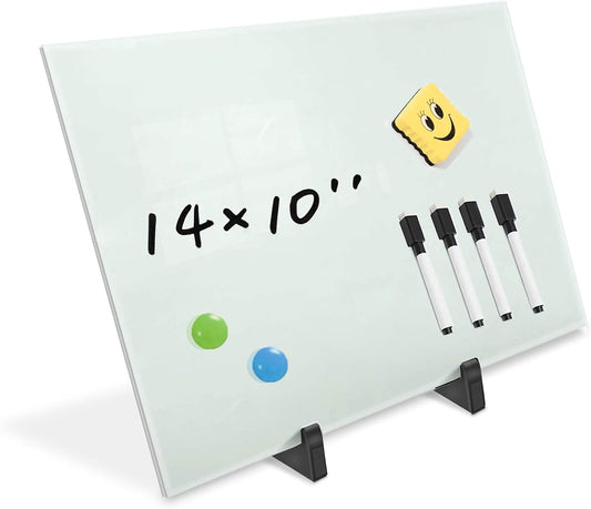 Magnetic Small Glass Whiteboard Desktop, ZHIDIAN 14x10 Portable Tempered Glass Dry Erase Board Panel with Adjustable Stand for Desk, Tabletop Glass Writing Board Easel for Office Home