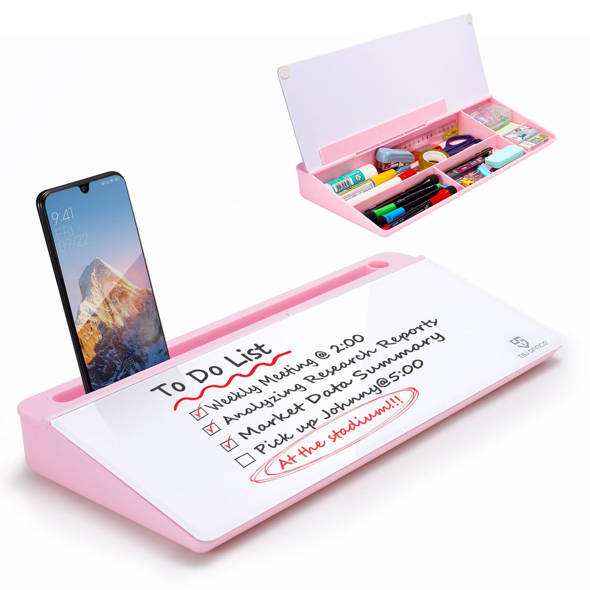 TSJ OFFICE Small Desktop Whiteboard -Glass Dry Erase Board Computer Keyboard Stand White Board Surface Pad with Drawer, Desk Organizers with Accessories for Office, Home, School Supplies - White