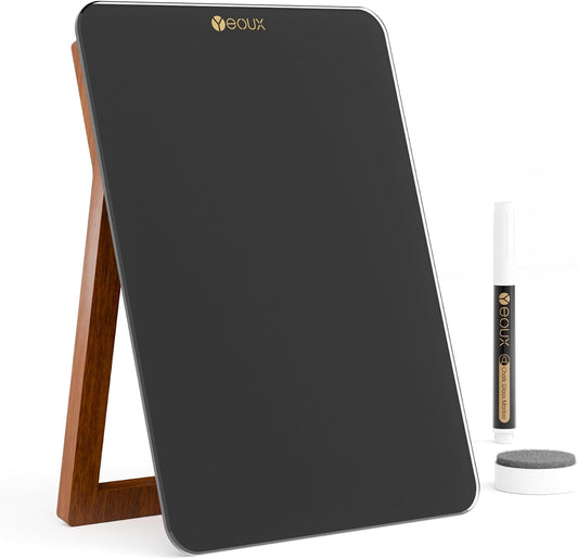 Desktop Black Glass Dry Erase Whiteboard with Reversible Wood Stand, Small Portable White Board Easel for Desk, Reusable Desk Notepad 9.5"x6.7" for Office, Home, School, Marker&Eraser Included, Yeoux