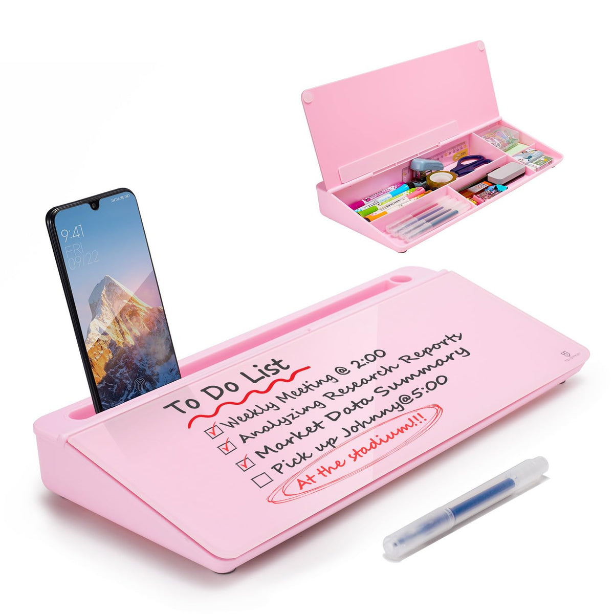 TSJ OFFICE Small Desktop Whiteboard -Glass Dry Erase Board Computer Keyboard Stand White Board Surface Pad with Drawer, Desk Organizers with Accessories for Office, Home, School Supplies - White