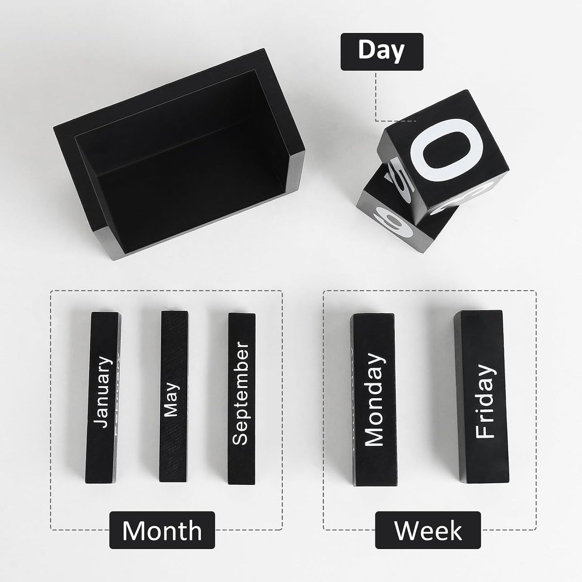 Wooden Block Calendar for Desk, Daily Desktop Perpetual Desk Calendar, Cute Date Display Blocks Desk Accessory for Home Office Decor, Teacher, Classroom, Reusable Yearly, Black