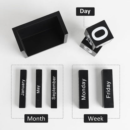 Wooden Block Calendar for Desk, Daily Desktop Perpetual Desk Calendar, Cute Date Display Blocks Desk Accessory for Home Office Decor, Teacher, Classroom, Reusable Yearly, Black