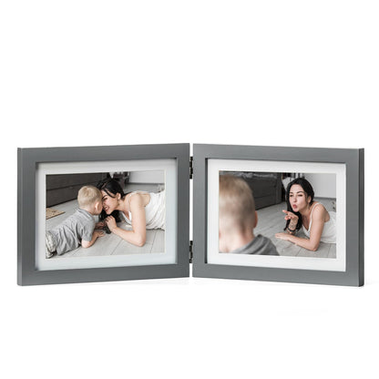 Double 4x6 Hinged Picture Frame Vertical Horizontal Folding Photo Frame Pine Wood with Real Glass, Matted to 3x5, Table Desktop Free-Standing or Wall Art Display, Brown