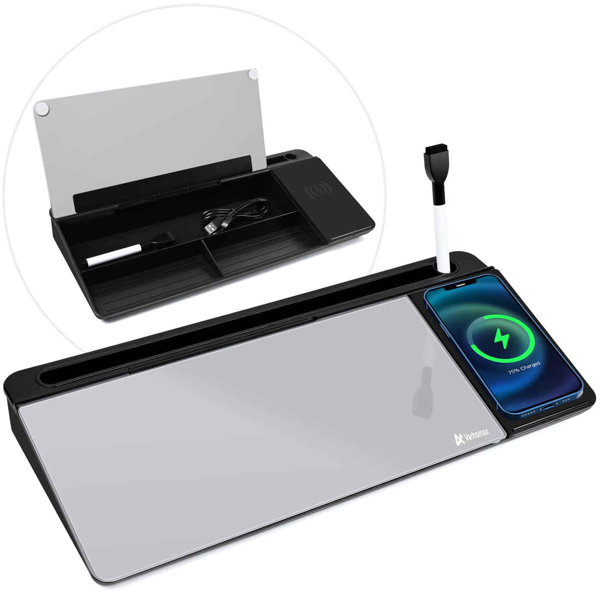 Varhomax Glass Desk Whiteboard with Storage, Desktop Organizer