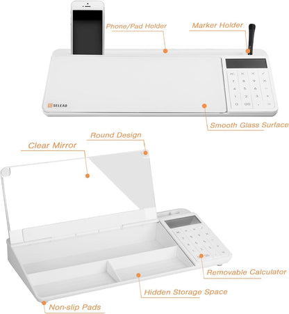 SELEAD Desktop Glass Whiteboard with Calculator & Built-in Mirror, White