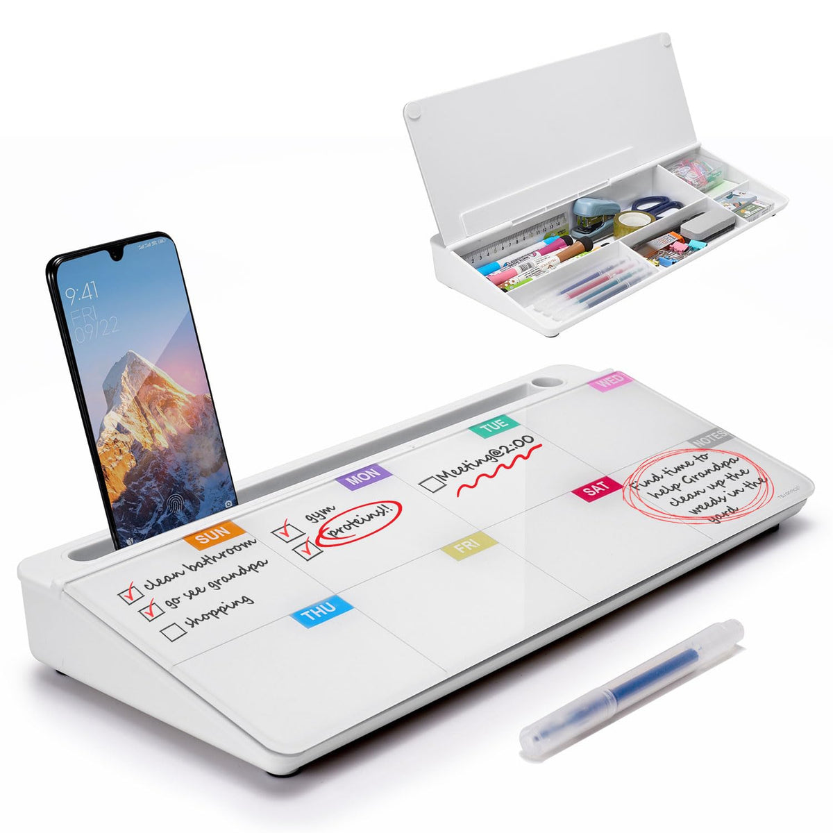 Small Desktop Glass Whiteboard Dry-Erase-Board - Computer Keyboard Stand White Board Surface Pad with Drawer, Desk Organizers with Accessories for Office, Home, School Supplies - Grey