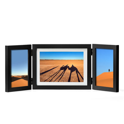Double 4x6 Hinged Picture Frame Vertical Horizontal Folding Photo Frame Pine Wood with Real Glass, Matted to 3x5, Table Desktop Free-Standing or Wall Art Display, Brown