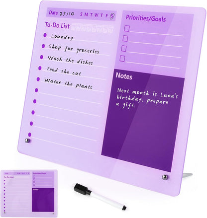 Purple Acrylic Dry Erase Board 12x10 inch, Thickened Desktop to Do List Planner Board with Stand and Markers,Frameless Tabletop Purple Dry Erase White Board Daily Task Organizer for Office Home School