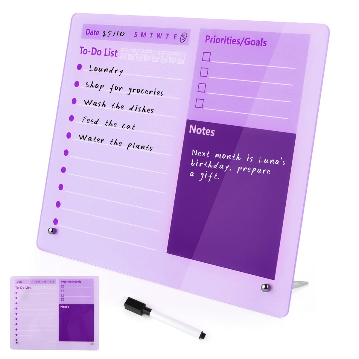 Purple Acrylic Dry Erase Board 12x10 inch, Thickened Desktop to Do List Planner Board with Stand and Markers,Frameless Tabletop Purple Dry Erase White Board Daily Task Organizer for Office Home School