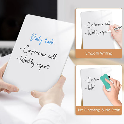 Desktop Glass Dry Erase Board, 9.5" x 6.7", Adjustable Wood Stand, Reusable