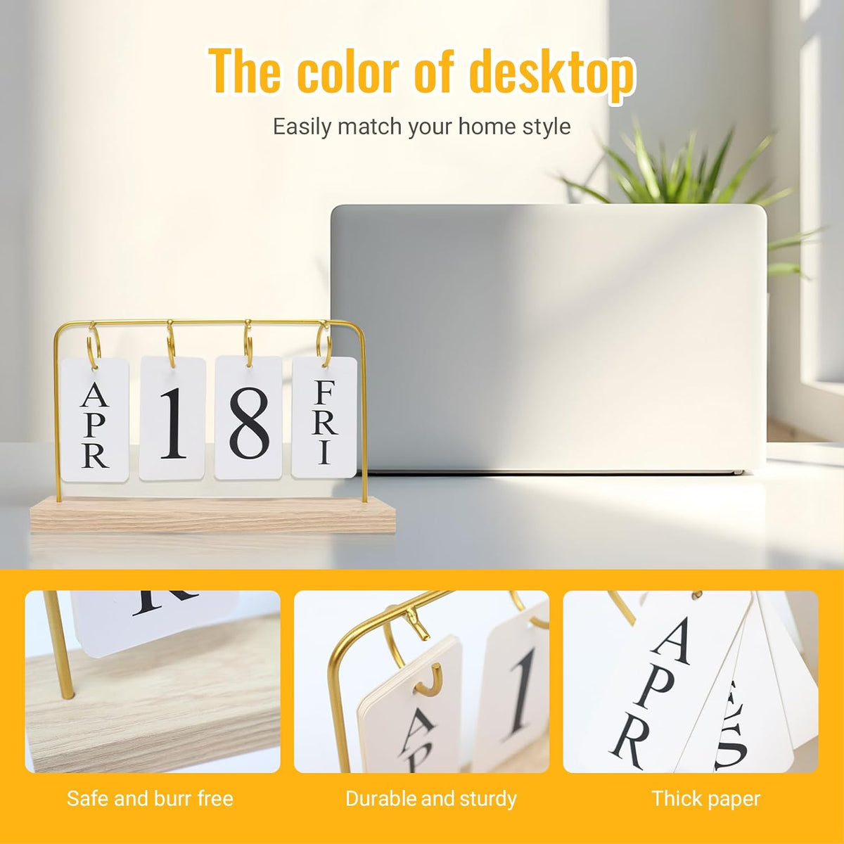 Uguisu Desktop Decor, Wall Calendar, Gold Metal Stand with Paper Monthly Daily Calendar, Home Decor, Living Room Decor, Hallway Decorative Ornament, Reusable Office Accessory.