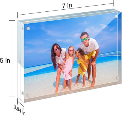 HELPLEX Acrylic Frames, 2 Pack 5x7, 24mm Thicker Frameless Clear Picture Frame, Double Sided Magnetic, Free Standing Desktop Display