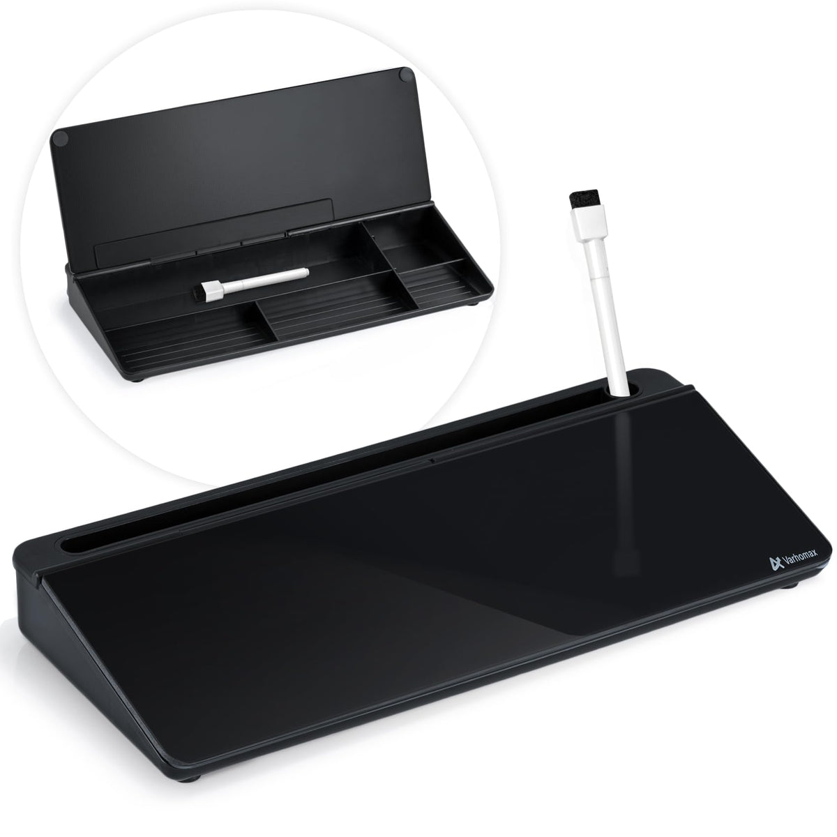 Varhomax Glass Desk Whiteboard with Storage, Desktop Organizer