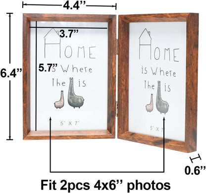 TOFOREVO 4x6 Double Picture Frame Rustic Brown Wooden Hinged Beveled Photo Frame Definition Glass 2 Vertical Openings Stand on Desktop Tabletop