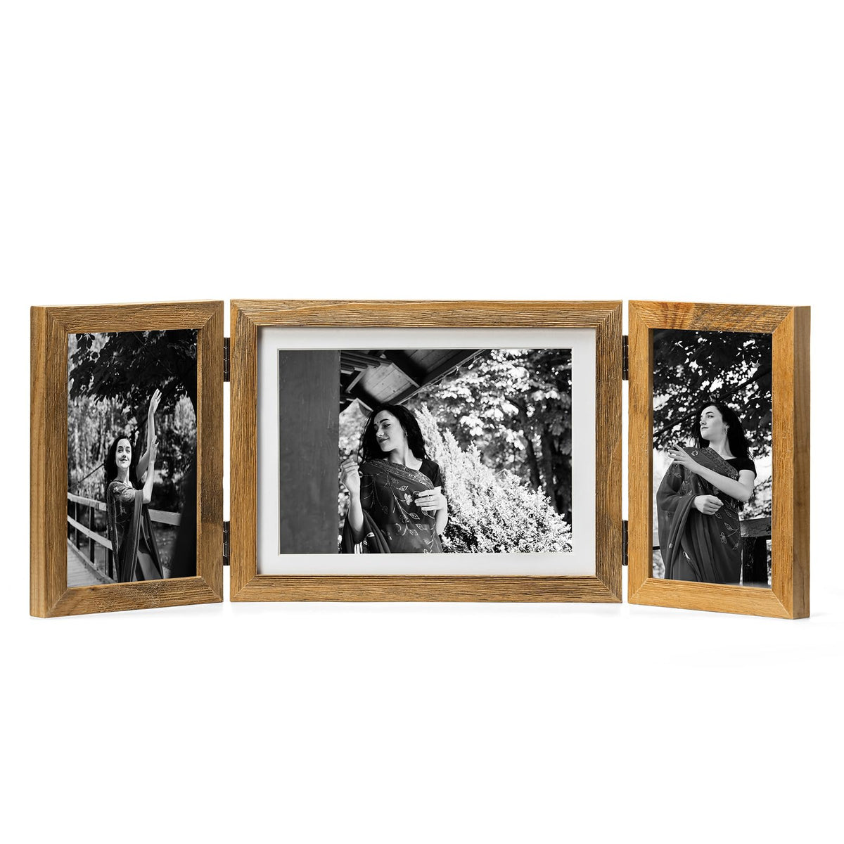 Double 4x6 Hinged Picture Frame Vertical Horizontal Folding Photo Frame Pine Wood with Real Glass, Matted to 3x5, Table Desktop Free-Standing or Wall Art Display, Brown