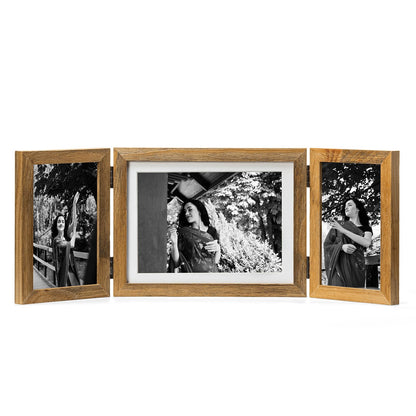 Double 4x6 Hinged Picture Frame Vertical Horizontal Folding Photo Frame Pine Wood with Real Glass, Matted to 3x5, Table Desktop Free-Standing or Wall Art Display, Brown