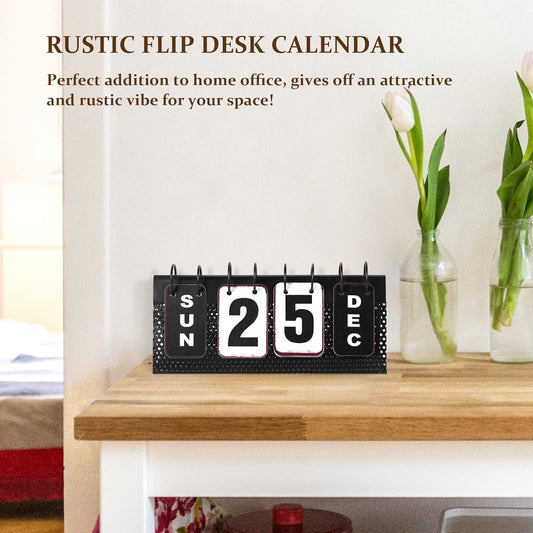 Metal Desk Calendar Standing Flip, Desktop Perpetual Flip Calendar with Large Display, Farmhouse Vintage Daily Flip Calendar for Home Office Decor, Reusable Yearly