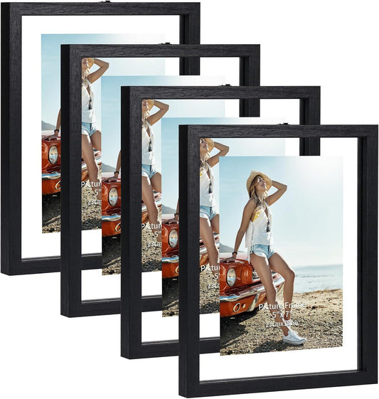 Trwcrt 5x7 Floating Picture Frames Set of 4, Double Glass Photo Frame Display up to 7 x 9 Photos for Desktop or Wall Hanging, Black