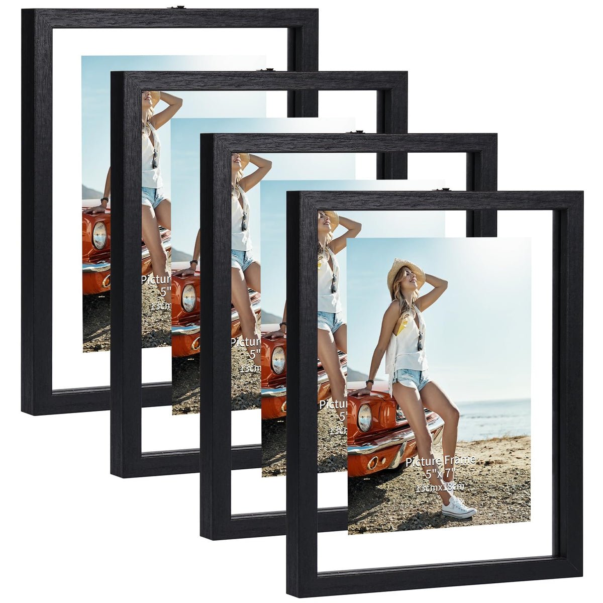 Trwcrt 5x7 Floating Picture Frames Set of 4, Double Glass Photo Frame Display up to 7 x 9 Photos for Desktop or Wall Hanging, Black