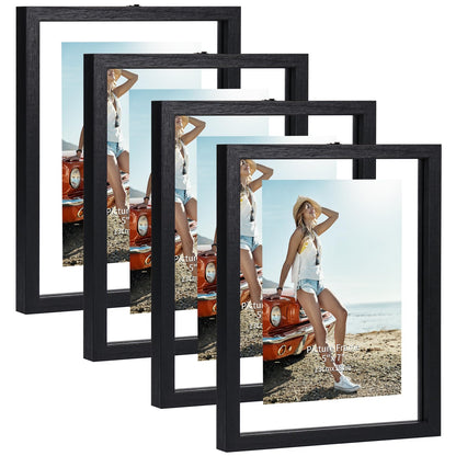 Trwcrt 5x7 Floating Picture Frames Set of 4, Double Glass Photo Frame Display up to 7 x 9 Photos for Desktop or Wall Hanging, Black