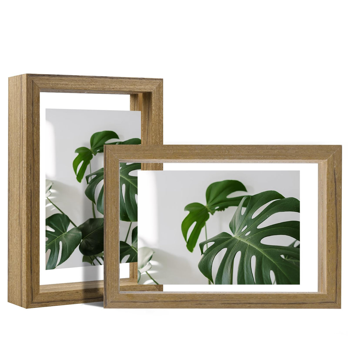 Egofine 5x7 Floating Frames Set of 2, Double Plexiglass Picture Frame, Made of Solid Wood Display Any Size Photo up to 5x7, Wall Mount or Tabletop Standing, Natural Wood