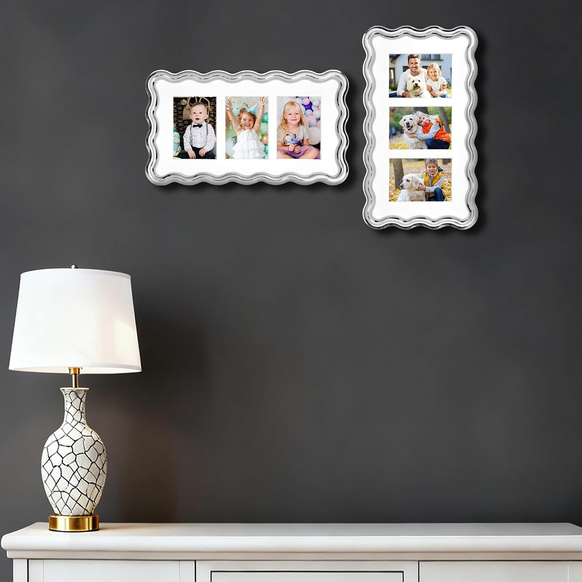 3-2x3'' Silver Heavy-Duty Zinc Alloy Picture Frames,Wave Design Silver Picture Frame Multi 3x2'' Photo Frame,with Black Premium Velvet Backing,for Desktop and Wall Hanging.