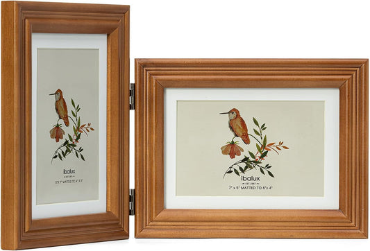 5x7 Double Hinged Picture Frame, 2 Folding Photo Frame, Walnut-colored Pine Wood with Real Glass, Display Pictures 4x6 with Mat or 5x7 without Mat, Vertically or Horizontally on Table Desktop
