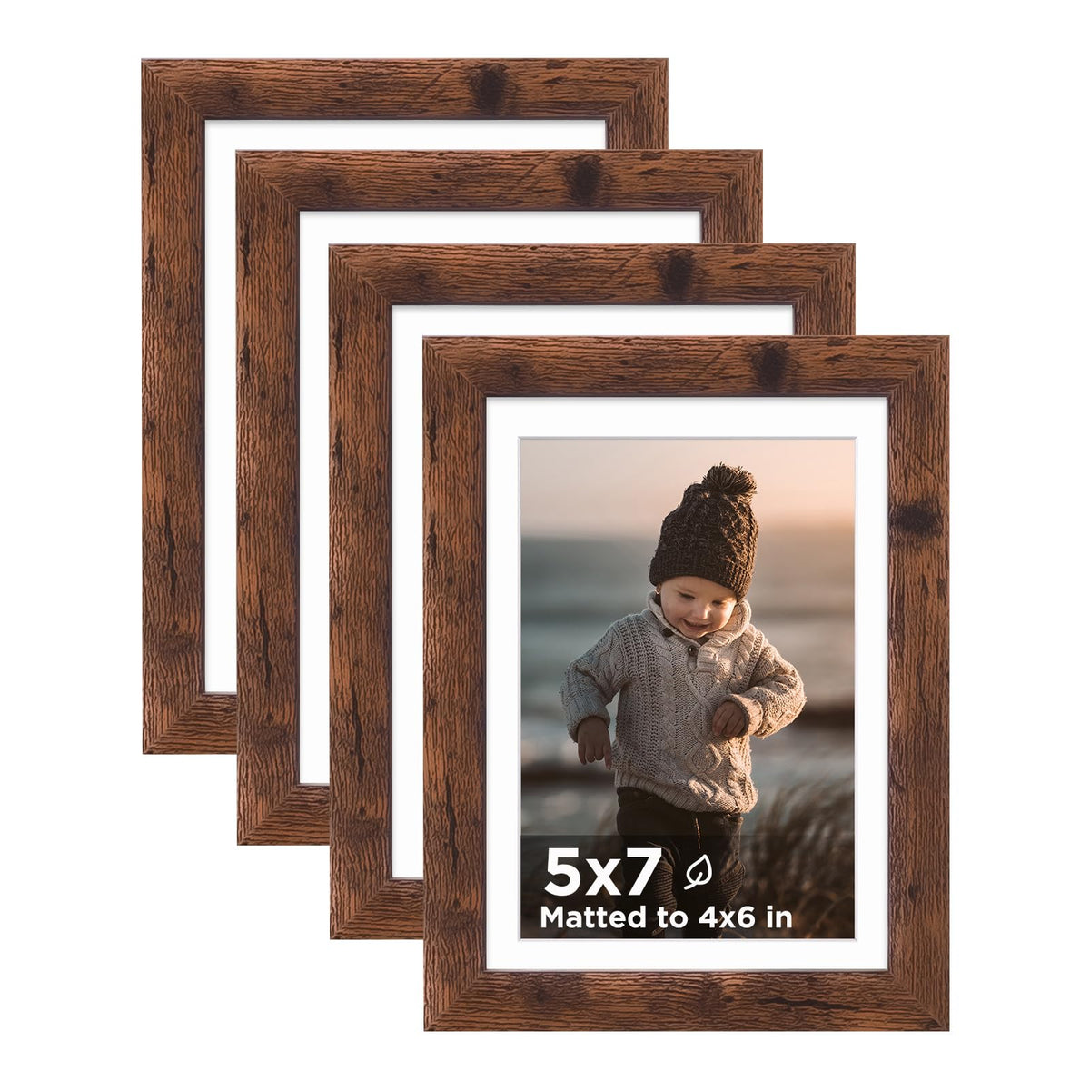 KINLINK 5x7 Picture Frames, Mix Color Photo Frames with Plexiglass for Picture 4x6 with Mat or 5x7 without Mat, Composite Wood Picture Frames for Table Top and Wall Mounting, Set of 4