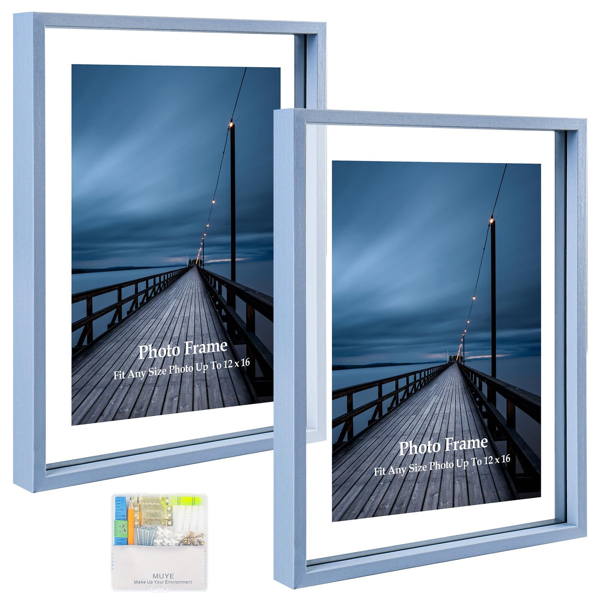 MUYE 5x7 Floating Frame Set of 2,Double Glass Rustic Photo Frame for Wall Hanging or Tabletop Standing,Also Display 4x6 or 3x5 Photo for Floating Effect,Natural