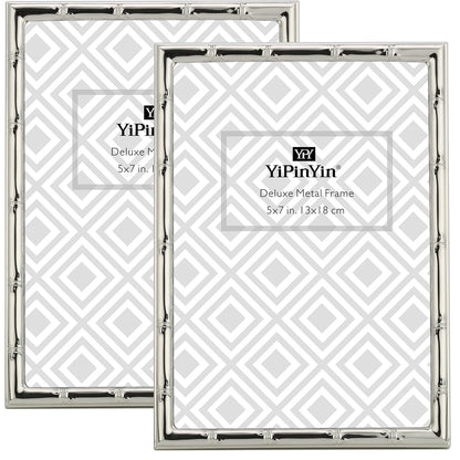 4x6'' Bamboo Detail Double Photo Frames,Silver 6x4'' Double Metal Picture Frames,Elegant Silver Plated Photo Frames 4 x 6'' With Soft Touch Velvet Backing and Real Glass for Desktop and Shelf Decor