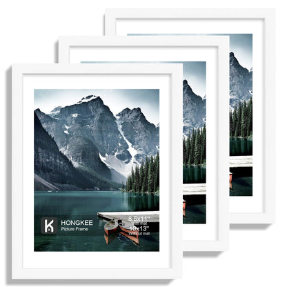 Hongkee 12x12 White Picture Frames Set of 3, Real Glass, Wood Frame,Mat 8x8