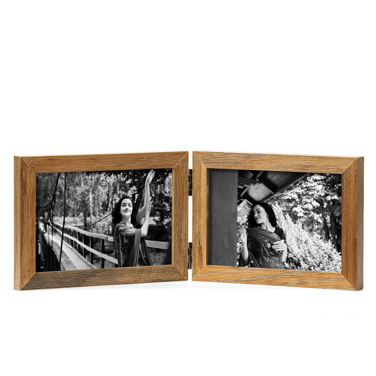 Double 4x6 Hinged Picture Frame Vertical Horizontal Folding Photo Frame Pine Wood with Real Glass, Matted to 3x5, Table Desktop Free-Standing or Wall Art Display, Brown