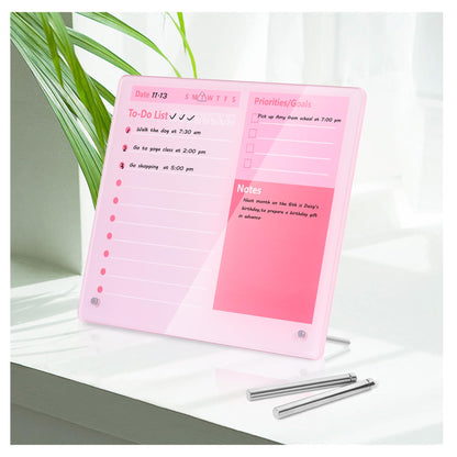 Desktop Thickened Acrylic Dry Erase Board to do List Planner Board，12"x10"，Tabletop Whiteboard with Stand，Frameless Pink Dry Erase White Board，for Office/Home/School