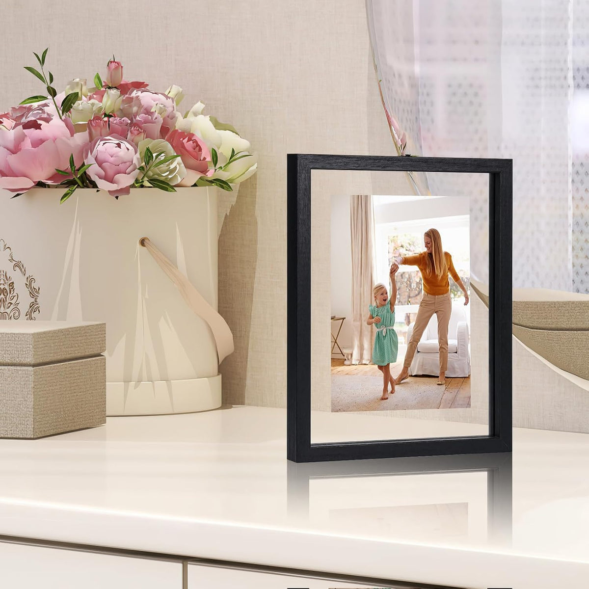 Trwcrt 5x7 Floating Picture Frames Set of 4, Double Glass Photo Frame Display up to 7 x 9 Photos for Desktop or Wall Hanging, Black