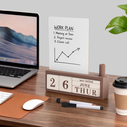 SELEAD Wooden Block Desk Calendar with Dry Erase White Board, Brown