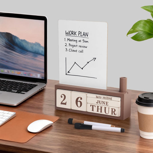 SELEAD Wooden Block Desk Calendar with Dry Erase White Board, Brown