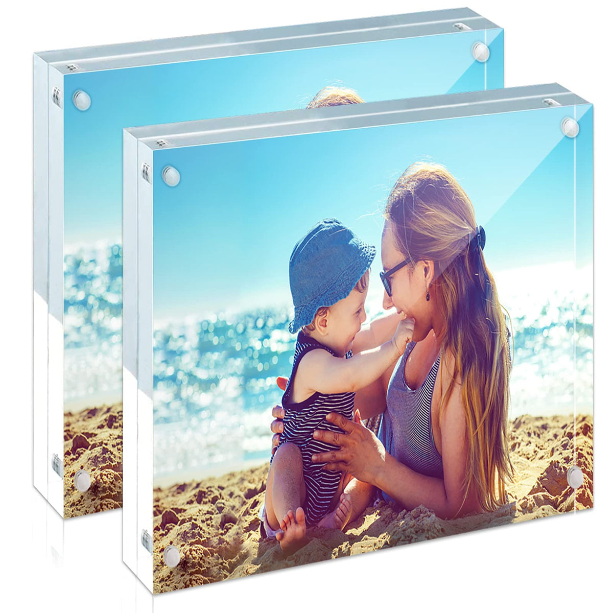 HELPLEX Acrylic Frames, 2 Pack 5x7, 24mm Thicker Frameless Clear Picture Frame, Double Sided Magnetic, Free Standing Desktop Display