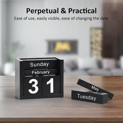 Wooden Block Calendar for Desk, Daily Desktop Perpetual Desk Calendar, Cute Date Display Blocks Desk Accessory for Home Office Decor, Teacher, Classroom, Reusable Yearly, Black