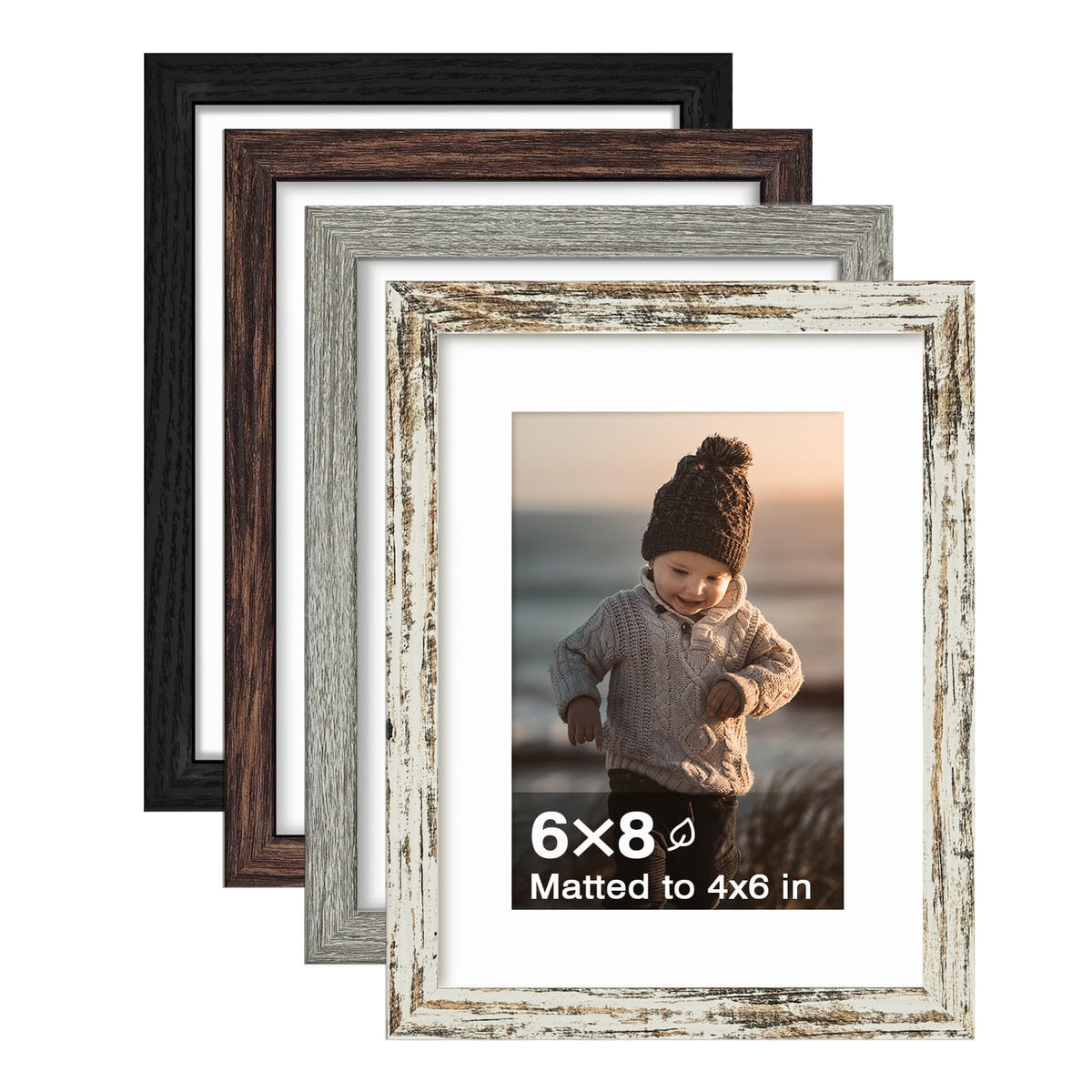 KINLINK 5x7 Picture Frames, Mix Color Photo Frames with Plexiglass for Picture 4x6 with Mat or 5x7 without Mat, Composite Wood Picture Frames for Table Top and Wall Mounting, Set of 4