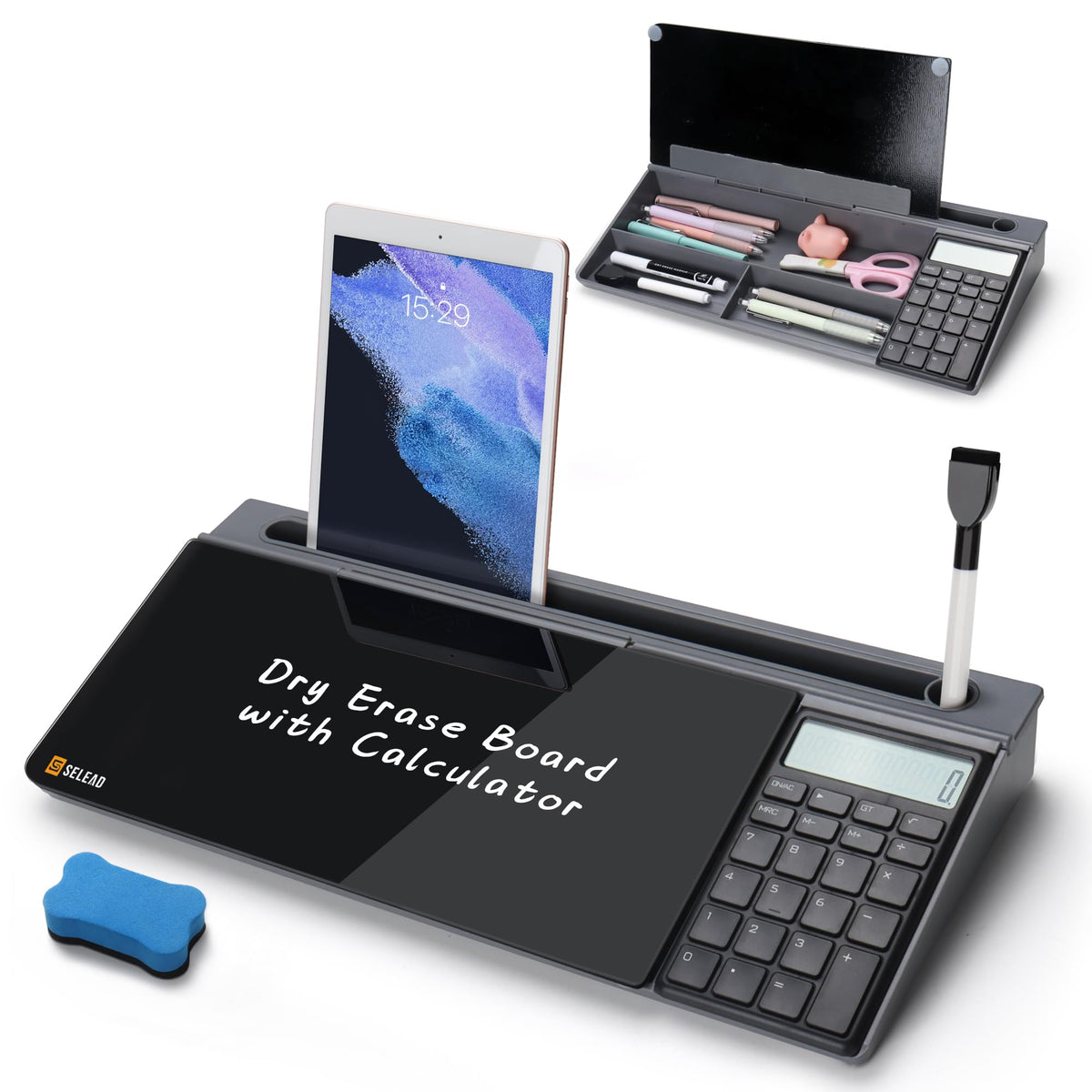 SELEAD Desktop Glass Whiteboard with Calculator & Built-in Mirror, White