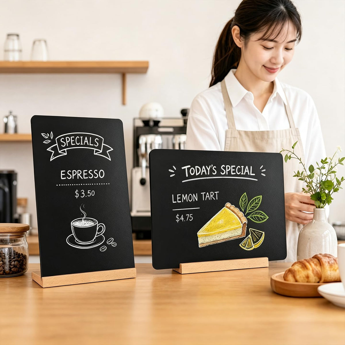Desktop Small Chalkboard with Solid Wood Base,7.9"x12",Double‑Sided Erasable Message Menu Sign for Coffee Shop, Restaurant, Bar, Eco‑Friendly