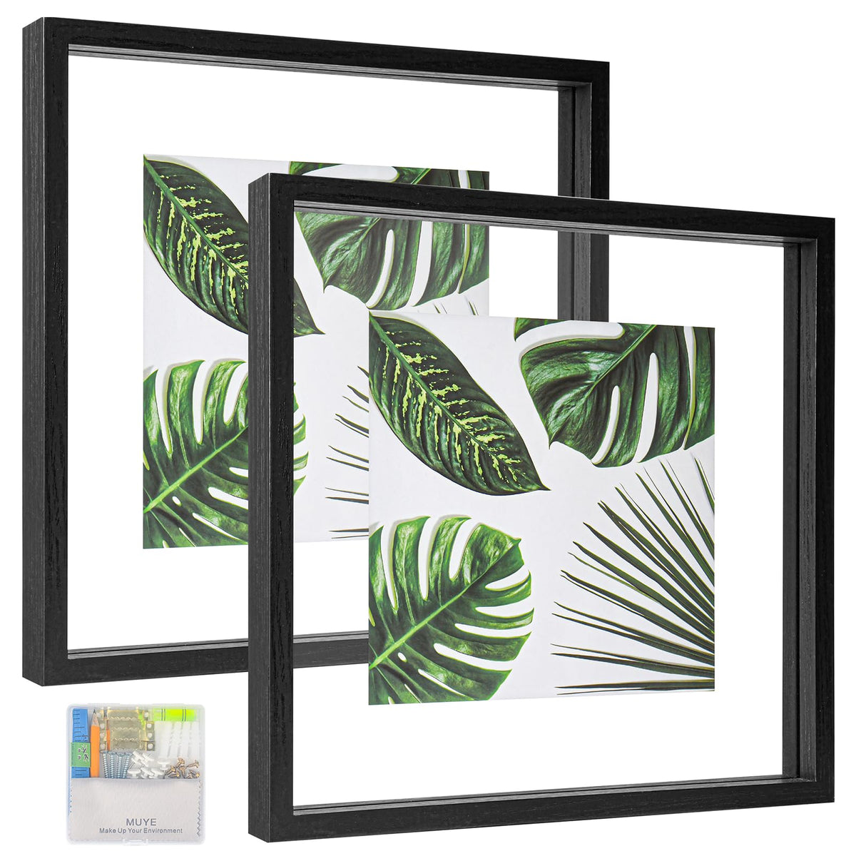 MUYE 5x7 Floating Frame Set of 2,Double Glass Rustic Photo Frame for Wall Hanging or Tabletop Standing,Also Display 4x6 or 3x5 Photo for Floating Effect,Natural