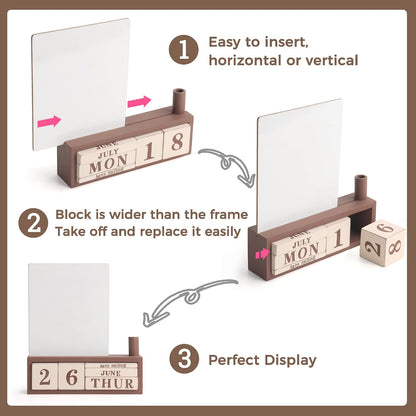 SELEAD Wooden Block Desk Calendar with Dry Erase White Board, Brown