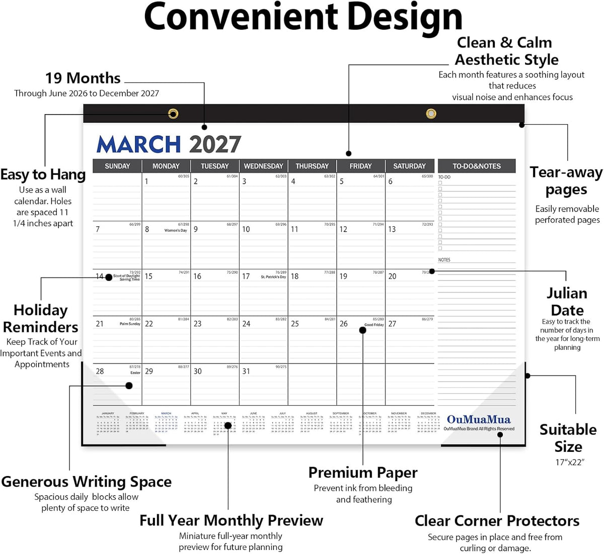 OuMuaMua Large Desk Calendar 2026-2027, 19 Months, 22" x 17"